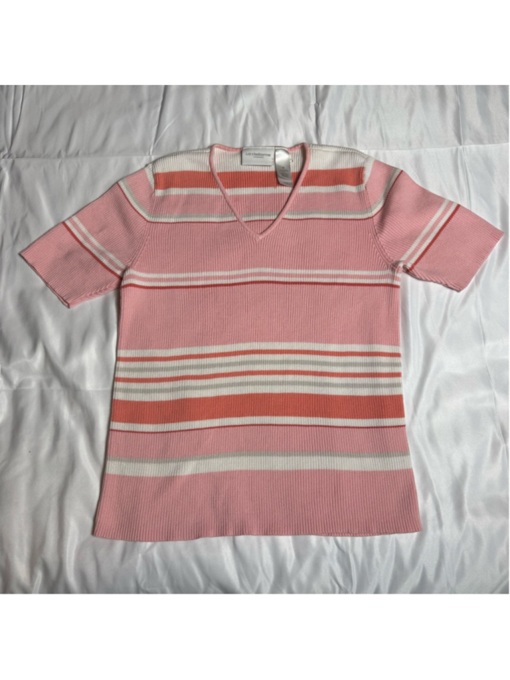 Women's Liz Claiborne Pink & White Striped Short Sleeve Tee M